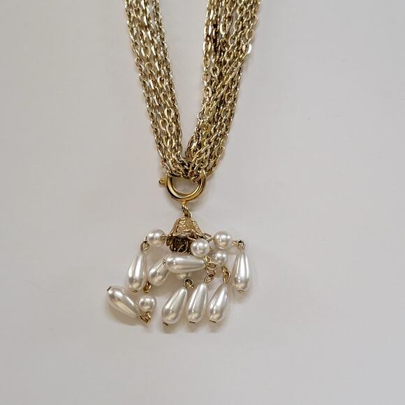Vintage Gold Tone Multi Chain Necklace With Faux Pearl Teardrop Cluster Pendant - Picture 8 of 9